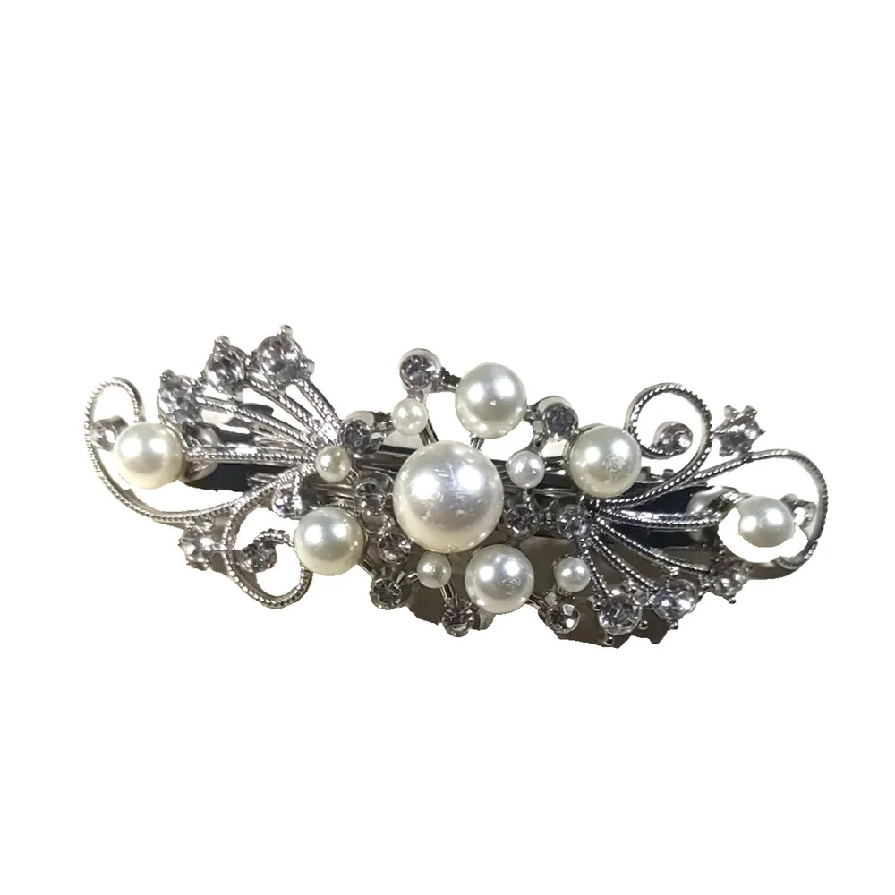 Moon And Stars Hair Barrettes Tension Clip Faux Pearls Rhinestone Silver Tone...